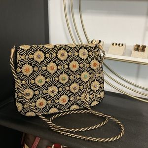 Vintage 1970’s Kane-M Genuine Agate Beaded Black & Gold Velvet Shoulder Bag